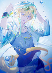 Rule 34 | 1boy, absurdres, air bubble, arknights, blonde hair, blue background, blue eyes, blue pants, blue shirt, blue theme, bracelet, bubble, byuey, commentary request, cowboy shot, eyewear on head, green-tinted eyewear, hands up, highres, hood, hood up, hooded jacket, jacket, jewelry, male focus, midriff peek, necklace, open mouth, pants, see-through, see-through jacket, shirt, short hair, smile, solo, sunglasses, tequila (arknights), tinted eyewear, underwater, wristband