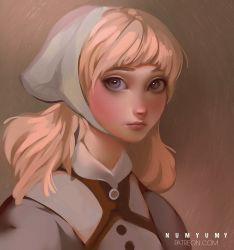 Rule 34 | 1girl, artist name, bad deviantart id, bad id, blonde hair, blue eyes, blunt bangs, blush, bonnet, brown background, cinderella, cinderella (disney), closed mouth, expressionless, freckles, grey eyes, head scarf, long hair, looking at viewer, maid, numyumy, portrait, red lips, revision, signature, simple background, solo, uniform, upper body, watermark, web address