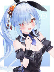 Rule 34 | !, !!, 1girl, :d, absurdres, alternate hairstyle, animal ears, asymmetrical bangs, back bow, backless dress, backless outfit, black dress, black hairband, black sleeves, blue hair, blue necktie, blunt bangs, border, bow, breasts, center frills, cleavage, collar, commentary request, detached collar, detached sleeves, dress, fake animal ears, frilled collar, frilled dress, frills, hair ornament, hair ribbon, hairband, hand up, heart, heart hair ornament, high side ponytail, highres, hikimayu, hololive, large bow, long hair, looking at viewer, necktie, official alternate costume, open mouth, puffy detached sleeves, puffy short sleeves, puffy sleeves, rabbit-shaped pupils, rabbit ears, red eyes, ribbon, rio1105, short eyebrows, short necktie, short sleeves, side ponytail, sidelocks, sleeveless, sleeveless dress, small breasts, smile, solo, speech bubble, symbol-shaped pupils, teeth, thick eyebrows, upper body, upper teeth only, usada pekora, usada pekora (furi furi bunny dress), variant set, virtual youtuber, white border, wrist cuffs