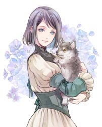 Rule 34 | 1girl, animal, blue eyes, closed mouth, commentary request, dog, dress, final fantasy, final fantasy xvi, floral background, frilled sleeves, frills, grey hair, hair behind ear, high collar, highres, holding, holding animal, holding dog, jill warrick, juliet sleeves, long sleeves, looking at viewer, puffy long sleeves, puffy sleeves, quichi 91, short hair, smile, swept bangs, torgal (ff16), upper body, white dress