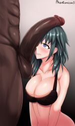 Rule 34 | 1boy, 1girl, :&lt;, absurdres, annoyed, artist name, black background, black bra, blue eyes, blush, bra, breasts, byleth (female) (fire emblem), byleth (fire emblem), collarbone, dark-skinned male, dark skin, embarrassed, eyebrows, eyelashes, fire emblem, fire emblem: three houses, from side, gradient background, green hair, grey background, hetero, highres, huge penis, imminent fellatio, interracial, large breasts, long hair, looking at penis, looking up, nintendo, nose, parted lips, penis, penis on face, penis over one eye, phantomicious, simple background, solo focus, teeth, testicles, two-tone background, uncensored, underwear, upper body, very dark skin