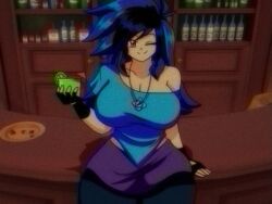 Rule 34 | 1990s (style), 1girl, ahoge, alcohol, bar (place), big hair, black gloves, blue hair, blue pants, blue shirt, breasts, commission, curved horizon, dot nose, female focus, fingerless gloves, firnk, flower, flower necklace, food, fruit, gloves, jewelry, large breasts, lemon, long hair, looking at viewer, lueduar, mojito, necklace, off-shoulder shirt, off shoulder, one eye closed, pants, plate, purple eyes, retro artstyle, shirt, smile, solo, spiked hair, taut clothes, taut shirt, tea, wide hips, wink