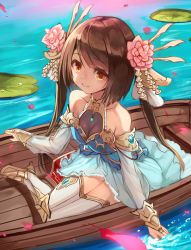 Rule 34 | 1girl, bare shoulders, blue dress, boat, breasts, bridal gauntlets, brown eyes, brown hair, closed mouth, collarbone, commentary request, detached sleeves, dress, flower, hair flower, hair ornament, high heels, highres, lily pad, long hair, long sleeves, petals, pink flower, sangokushi taisen, see-through, see-through sleeves, shoes, sleeveless, sleeveless dress, small breasts, smile, solo, sue (bg-bros), thighhighs, twintails, very long hair, water, watercraft, white thighhighs, xiao qiao