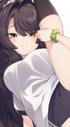 Rule 34 | 1girl, black buruma, black hair, blush stickers, breasts, buruma, closed mouth, commentary request, green scrunchie, hair between eyes, hair intakes, leg up, long hair, looking at viewer, medium breasts, natsuki-chan (natsuki teru), natsuki teru, original, scrunchie, shirt, short sleeves, simple background, smile, solo, standing, standing on one leg, very long hair, white background, white shirt, wrist scrunchie, yellow eyes