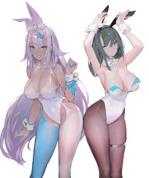 Rule 34 | 2girls, animal ears, armpits, arms up, bare shoulders, blue eyes, bow, breasts, cleavage, closed mouth, collarbone, commentary, dark-skinned female, dark skin, detached collar, fake animal ears, fingernails, green hair, hair ornament, hairclip, halterneck, highleg, highleg leotard, highres, leotard, long hair, looking at viewer, medium breasts, multiple girls, nail polish, onacia, original, pantyhose, parted lips, pink hair, playboy bunny, purple eyes, rabbit ears, rabbit pose, shiny clothes, simple background, smile, strapless, strapless leotard, thigh strap, white background, wrist cuffs