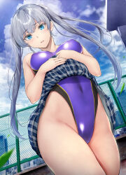 Rule 34 | 1girl, blue eyes, blue skirt, blush, clothes lift, commentary request, competition swimsuit, covered navel, cowboy shot, from below, gentsuki, grey hair, highleg, highleg swimsuit, highres, hip focus, kimi omou koi, kuroe (kimi omou koi), long hair, looking at viewer, looking down, one-piece swimsuit, outdoors, parted lips, plaid, plaid skirt, purple one-piece swimsuit, skirt, skirt lift, solo, standing, swimsuit, thighs
