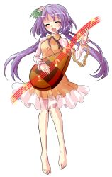 Rule 34 | 1girl, alphes (style), barefoot, biwa lute, blush, bracelet, brown dress, chain, dairi, dress, closed eyes, facing viewer, flower, full body, hair flower, hair ornament, highres, instrument, jewelry, long hair, long sleeves, lute (instrument), musical note, open mouth, parody, purple hair, smile, solo, style parody, touhou, transparent background, tsukumo benben, twintails, very long hair