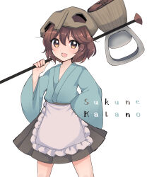 Rule 34 | 1other, androgynous, apron, blue kimono, brown eyes, brown hair, brown headwear, character name, commentary request, cowboy shot, fang, frilled apron, frills, hair between eyes, hakama, hakama short skirt, hakama skirt, hand on own hip, helmet, highres, holding, japanese clothes, katano sukune, katano sukune&#039;s bottle opener, kimono, len&#039;en, long sleeves, open mouth, other focus, ougi hina, short hair, simple background, skin fang, skirt, smile, solo, waist apron, white apron, white background, wide sleeves