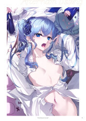 Rule 34 | 1girl, alarm clock, blue eyes, blue hair, blue ribbon, border, breasts, clock, earrings, hair between eyes, hair ribbon, highres, hololive, hoshimachi suisei, jewelry, long hair, long sleeves, looking at viewer, lying, naked shirt, navel, on back, open clothes, open mouth, open shirt, ribbon, shirt, sleeves past wrists, small breasts, solo, star (symbol), star in eye, stomach, stuffed animal, stuffed toy, symbol in eye, virtual youtuber, white shirt, yaguo