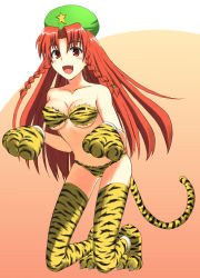 Rule 34 | 10s, 1girl, 2010, animal ears, animal hands, animal print, bad id, bad pixiv id, bare shoulders, bikini, blush, braid, breasts, embodiment of scarlet devil, fang, female focus, full body, gradient background, hat, hong meiling, kemonomimi mode, kneeling, long hair, open mouth, red eyes, red hair, ryuutansai, smile, solo, swimsuit, tail, thighhighs, tiger ears, tiger girl, tiger paws, tiger print, tiger tail, touhou, twin braids