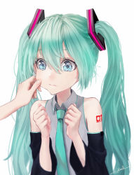 Rule 34 | 1girl, aqua hair, aqua necktie, bare shoulders, black sleeves, blue eyes, cheek pinching, clenched hands, closed eyes, commentary, commission, detached sleeves, grey shirt, hair ornament, hands up, hatsune miku, highres, long hair, necktie, ojay tkym, pinching, pixiv commission, shirt, shoulder tattoo, signature, sleeveless, sleeveless shirt, tattoo, tears, twintails, upper body, very long hair, vocaloid, white background