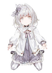 Rule 34 | 1girl, black footwear, child, closed mouth, copyright request, dress, flower, grey dress, grey eyes, grey hair, grey rose, hair flower, hair ornament, hairband, jacket, looking at viewer, medium hair, pantyhose, shirabi, shoes, short hair with long locks, simple background, sitting, solo, wariza, white background, white jacket, white pantyhose