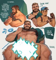 Rule 34 | 2boys, absurdres, anal, animal, aqua shirt, arm hair, artist name, bara, bare pectorals, beard, black cat, black hair, bottomless, brown gloves, brown hair, cat, chest hair, closed mouth, clothes lift, collared shirt, coral island, english text, facial hair, gloves, goatee, helbai, highres, jewelry, large pectorals, male focus, male penetrated, mark (coral island), multiple boys, muscular, muscular male, naked shirt, navel, necklace, nipples, paid reward available, pectorals, protagonist (coral island), sex, shirt, short hair, smile, spread legs, thick thighs, thighs, yaoi