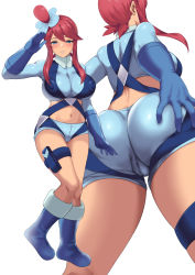 Rule 34 | 1girl, ass, blue eyes, blue footwear, blue gloves, blue jacket, blue shorts, boots, cameltoe, contrapposto, covered erect nipples, creatures (company), cropped jacket, full body, game freak, gloves, hair ornament, jacket, jirusu, long hair, looking at viewer, midriff, navel, nintendo, one side up, pokemon, pokemon bw, red hair, salute, short shorts, shorts, sidelocks, skin tight, skyla (pokemon), solo, thigh strap