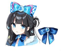 Rule 34 | 1girl, black hair, blue bow, blue eyes, blue ribbon, blunt bangs, bow, closed mouth, commentary request, crescent, hair bow, himitsu no aipri, long hair, looking at viewer, player character (aipri), pretty series, ribbon, simple background, solo, ta (o lounge o), upper body, white background