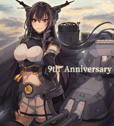 Rule 34 | 1girl, anniversary, black cape, black gloves, black hair, cannon, cape, commentary request, cowboy shot, elbow gloves, fingerless gloves, gloves, headgear, highres, kantai collection, kasumi (skchkko), long hair, looking at viewer, machinery, miniskirt, nagato (kancolle), nagato kai ni (kancolle), pleated skirt, reaching, reaching towards viewer, red eyes, simple background, skirt, solo, standing, thighhighs, turret, white background