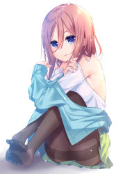 Rule 34 | 1girl, bare shoulders, blue cardigan, blush, brown hair, brown pantyhose, cardigan, closed mouth, collared shirt, commentary request, feet, full body, go-toubun no hanayome, green skirt, hair between eyes, highres, knees up, ko yu, long hair, long sleeves, looking at viewer, nakano miku, no shoes, off shoulder, open cardigan, open clothes, pantyhose, pleated skirt, purple eyes, shirt, sitting, skirt, sleeves past wrists, smile, soles, solo, thighband pantyhose, white background, white shirt