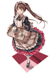 Rule 34 | 10s, 1girl, :d, apron, black dress, black footwear, black ribbon, blush, bow, brown hair, cup, dorothy (granblue fantasy), dress, essa sazhka, eyebrows, frilled apron, frilled dress, frills, full body, granblue fantasy, high heels, highres, holding, long hair, long sleeves, looking at viewer, maid, maid apron, maid headdress, mary janes, open mouth, pantyhose, pink bow, puffy long sleeves, puffy sleeves, purple eyes, ribbon, shadow, shoes, simple background, smile, solo, teacup, teeth, twintails, white apron, white background, white pantyhose