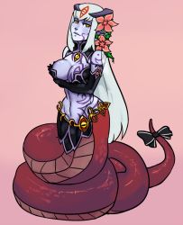 Rule 34 | 1girl, alipheese fateburn xvi, bad deviantart id, bad id, breasts, cleavage, colored skin, earrings, elbow gloves, flower, gloves, hair flower, hair ornament, horns, jewelry, lamia, large breasts, long hair, mon-musu quest!, monster girl, navel, pointy ears, purple skin, ribbon, scathegrapes, silver hair, simple background, solo, tail, tail ornament, tail ribbon, tattoo, very long hair, yellow eyes
