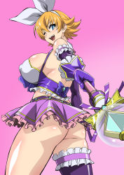 Rule 34 | 1girl, absurdres, ass, bare back, bare shoulders, blonde hair, blue eyes, detached sleeves, female focus, highres, holding, holding wand, igawa sakura, looking at viewer, looking back, magical girl, makinaru, no panties, one eye closed, open mouth, short hair, simple background, solo, taimanin (series), taimanin asagi, wand