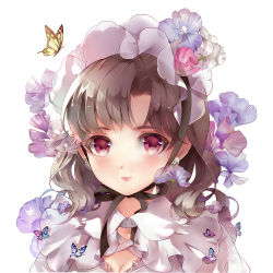 Rule 34 | 1girl, animal, blush, brown hair, bug, butterfly, closed mouth, commentary request, dress, earrings, flower, insect, jewelry, lips, long hair, looking at viewer, original, portrait, purple flower, red eyes, simple background, solo, tukino (panna), white background, white dress
