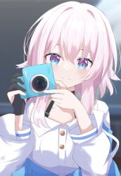 Rule 34 | 1girl, archery shooting glove, black choker, black gloves, blue eyes, blue jacket, blurry, blurry background, blush, buttons, camera, choker, closed mouth, commentary request, dress shirt, gloves, hands up, highres, holding, holding camera, honkai: star rail, honkai (series), jacket, koenage kaoru, long sleeves, looking at viewer, march 7th (honkai: star rail), medium hair, partially fingerless gloves, pink eyes, pink hair, purple eyes, shirt, single glove, smile, solo, two-tone eyes, upper body, white shirt