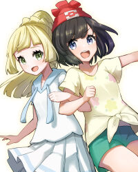 Rule 34 | 2girls, :d, absurdres, beanie, black hair, blonde hair, braid, clenched hand, creatures (company), eyelashes, game freak, green eyes, green shorts, grey eyes, happy, hat, highres, lillie (pokemon), locked arms, long hair, multiple girls, nintendo, open mouth, outstretched arm, peppedayo ne, pleated skirt, pokemon, pokemon sm, ponytail, red headwear, selene (pokemon), shirt, short hair, short shorts, short sleeves, shorts, skirt, smile, t-shirt, teeth, tied shirt, tongue, upper teeth only, white shirt, white skirt, yellow shirt