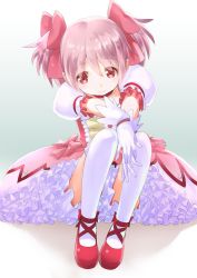 Rule 34 | 10s, 1girl, bubble skirt, choker, gloves, highres, kaname madoka, kneehighs, looking at viewer, magical girl, mahou shoujo madoka magica, mahou shoujo madoka magica (anime), md5 mismatch, petticoat, pink eyes, pink hair, resolution mismatch, rin2008, sitting, skirt, socks, solo, source larger, twintails, white gloves, white socks