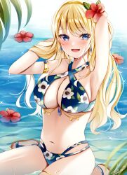 Rule 34 | 1girl, :d, arm up, armpits, bikini, blonde hair, blue bikini, blue eyes, blush, breasts, brown footwear, cleavage, collarbone, commentary request, floral print, flower, flower on liquid, hair flower, hair ornament, hand up, hands in hair, large breasts, long hair, looking at viewer, navel, open mouth, original, print bikini, red flower, sakura hiyori, sandals, shallow water, sitting, smile, solo, swimsuit, very long hair, wariza, water