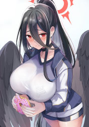 Rule 34 | 1girl, black hair, black wings, blue archive, blue jacket, blue shorts, blush, breasts, choker, collarbone, doughnut, feathered wings, food, hair between eyes, halo, hasumi (blue archive), hasumi (track) (blue archive), high ponytail, highres, huge breasts, jacket, konka, long hair, long sleeves, looking at viewer, low wings, mole, mole under eye, red eyes, shirt, short shorts, shorts, simple background, solo, thighs, very long hair, white background, white shirt, wings