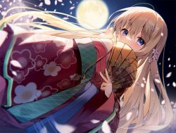 Rule 34 | 1girl, bare shoulders, blonde hair, blush, commentary request, cosplay, covering own mouth, floral print, flower, folding fan, full moon, hair between eyes, hair flower, hair ornament, hand fan, holding, holding fan, japanese clothes, kimono, long hair, long sleeves, looking at viewer, moon, night, night sky, off shoulder, original, petals, pink flower, print kimono, purple eyes, red kimono, shirahana (suimya), sky, solo, suimya, very long hair, white flower, wide sleeves