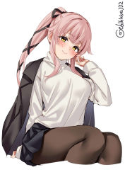 Rule 34 | 1girl, black jacket, black ribbon, blush, breasts, closed mouth, cropped legs, ebifurya, hair flaps, hair ribbon, high ponytail, highres, invisible chair, jacket, jacket on shoulders, kantai collection, large breasts, long hair, long sleeves, looking at viewer, one-hour drawing challenge, pantyhose, pink hair, ribbon, short hair, simple background, sitting, skirt, solo, sweater, turtleneck, turtleneck sweater, twitter username, white background, white sweater, yellow eyes, yura (kancolle)