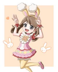 Rule 34 | 1girl, :d, animal ears, arms up, brown hair, creatures (company), dress, fake animal ears, game freak, grey eyes, heart, highres, looking at viewer, may (pokemon), may (spring 2021) (pokemon), nana (eyzy2454), nintendo, official alternate costume, open mouth, pantyhose, pink dress, pink footwear, pokemon, pokemon masters ex, rabbit, rabbit ears, rabbit pose, smile, solo, teeth, upper teeth only, yellow pantyhose
