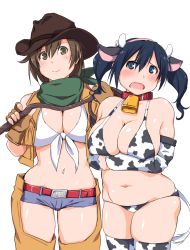 Rule 34 | 10s, 2girls, animal costume, animal ears, animal print, bell, belt, bikini, blue eyes, blue hair, blush, breasts, brown eyes, brown gloves, brown hair, chaps, cleavage, collar, cow costume, cow ears, cow girl, cow horns, cow print, cow tail, cowbell, cowboy hat, cowboy western, cowgirl (western), crossed arms, detached sleeves, fingerless gloves, front-tie top, gloves, green scarf, hair between eyes, hair ribbon, hat, hiryuu (kancolle), horns, kantai collection, kuronyan, large breasts, leash, long hair, looking at viewer, midriff, multiple girls, navel, neck bell, open mouth, plump, ribbon, rope, scarf, short hair, short shorts, shorts, simple background, sleeveless, smile, souryuu (kancolle), swimsuit, tail, thighhighs, twintails, vest, white background