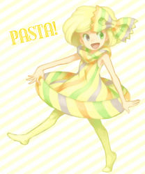 Rule 34 | 1girl, :d, blonde hair, bow, dress, food, food-themed clothes, hair bow, happy, heterochromia, open mouth, pantyhose, pasta, personification, short hair, smile, solo, yapo (mess), yellow pantyhose