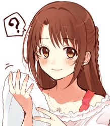 Rule 34 | 10s, 1girl, ?, blush, braid, brown eyes, brown hair, chisumi, closed mouth, collarbone, half updo, holding, holding towel, idolmaster, idolmaster cinderella girls, jewelry, long hair, looking at viewer, necklace, shimamura uzuki, sidelocks, simple background, smile, solo, spoken question mark, towel, upper body, white background