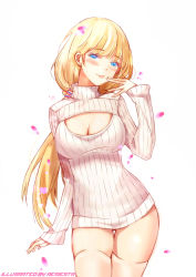 Rule 34 | 1girl, :p, artist name, blonde hair, blue eyes, blush, breasts, cleavage cutout, clothing cutout, contrapposto, derivative work, dress, female focus, hair ribbon, highres, large breasts, long hair, low ponytail, meme attire, open-chest sweater, open chest turtle neck, original, petals, resiesta, ribbed sweater, ribbon, solo, standing, sweater, sweater dress, thigh gap, thighhighs, tongue, tongue out, turtleneck, white thighhighs