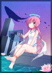Rule 34 | 1girl, anklet, barefoot, blush, drawing, feet, fish, flower, flying whale, green eyes, halo, holographic interface, holographic monitor, jewelry, lily pad, long hair, night, night sky, one-piece swimsuit, original, pen, pendant, pink hair, sitting, sky, soaking feet, solo, star (sky), star (symbol), starry sky, swimsuit, twintails, utsurogi akira, water, whale, wings
