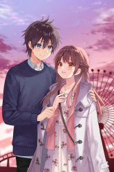 Rule 34 | 1boy, 1girl, blue eyes, blush, braid, brown hair, closed mouth, cloud, cloudy sky, coat, couple, cover, cover page, dress, dressing, ferris wheel, fingernails, floral print, fukahire (ruinon), hair between eyes, hand on another&#039;s shoulder, jewelry, light brown hair, long hair, looking at another, necklace, official art, open mouth, orange eyes, original, purple sky, red pupils, silhouette, sky, smile, sweater, textless version, white coat, white dress