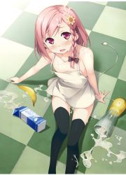 Rule 34 | 1girl, absurdres, apron, arms at sides, banana, bare shoulders, black thighhighs, blender (object), blush, braid, breasts, collarbone, cream, flat chest, flower, food, fruit, hair flower, hair ornament, highres, kantoku, looking at viewer, medium hair, messy, milk, naked apron, nipple slip, nipples, non-web source, official art, on floor, open mouth, petite, pink eyes, pink hair, side braid, single hair intake, sitting, small breasts, solo, spill, spilled milk, suggestive fluid, swept bangs, thighhighs, tile floor, tiles, your diary, yua (your diary)
