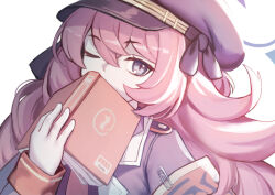 Rule 34 | 1girl, armband, black eyes, black hat, black shirt, blue archive, book, book to mouth, commentary, fantasyismyname, hair between eyes, halo, hat, holding, holding book, iroha (blue archive), long sleeves, looking at viewer, one eye closed, peaked cap, purple halo, red armband, red hair, shirt, simple background, solo, upper body, wavy hair, white background