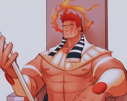 Rule 34 | 1boy, abs, alternate universe, bara, blue eyes, body hair, boku no hero academia, egyptian clothes, endeavor (boku no hero academia), facial hair, fire, highres, large hands, large pectorals, male focus, manly, muscular, nipples, pectorals, red hair, revealing clothes, scar, short hair, solo, spiked hair, stormcallart, stubble, thick thighs, thighs, throne, upper body