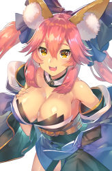 Rule 34 | 10s, 1girl, animal ears, bell, blue kimono, bow, breasts, cleavage, collar, detached sleeves, fang, fate/extra, fate (series), fox ears, fox tail, hair bow, japanese clothes, kimono, large breasts, long hair, looking at viewer, neck bell, obi, off shoulder, open mouth, pink hair, sash, shiny skin, solo, tail, tamamo (fate), tamamo no mae (fate/extra), twintails, yellow eyes, yoshimoto (dear life)