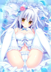 Rule 34 | 1girl, :o, animal ear fluff, animal ears, babydoll, bare shoulders, blue bow, blue flower, blue rose, blush, bow, breasts, brown eyes, cameltoe, cat ears, cat girl, cat tail, cleavage, cleft of venus, commentary request, feet out of frame, flower, frilled panties, frilled pillow, frilled thighhighs, frills, gloves, hair between eyes, hair bow, hair flower, hair ornament, hand up, hasune, highres, knees up, large breasts, long hair, lying, navel, on back, original, panties, parted lips, pillow, pink flower, pink rose, rose, silver hair, solo, spread legs, tail, thighhighs, underwear, very long hair, white bow, white gloves, white panties, white thighhighs