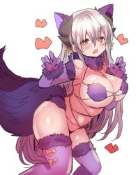 Rule 34 | 1girl, animal ears, breasts, cosplay, dragon girl, dragon horns, elbow gloves, fake animal ears, fake tail, fate/grand order, fate (series), fur-trimmed gloves, fur-trimmed legwear, fur collar, fur trim, gloves, grey hair, halloween costume, horns, kiyohime (fate), kiyohime (third ascension) (fate), large breasts, long hair, mamemix, mash kyrielight, mash kyrielight (dangerous beast), mash kyrielight (dangerous beast) (cosplay), multiple horns, o-ring, o-ring top, official alternate costume, purple gloves, purple legwear, red eyes, revealing clothes, solo, tail, wolf ears, wolf tail
