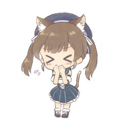 Rule 34 | &gt; &lt;, 1girl, animal ear fluff, animal ears, blush, brown hair, cat ears, cat girl, cat tail, chibi, closed eyes, covering own mouth, dress, flying sweatdrops, hat, highres, indie virtual youtuber, itigori ena, long hair, socks, solo, tail, twintails, tyakomis, virtual youtuber