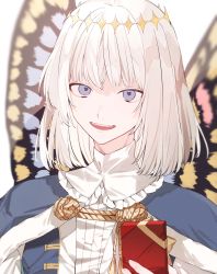 Rule 34 | 1boy, arthropod boy, blue cape, blue eyes, box, butterfly wings, cape, cloak, crown, diamond hairband, fate/grand order, fate (series), fur-trimmed cape, fur-trimmed cloak, fur trim, gift, grey hair, highres, holding, holding box, holding gift, insect wings, long hair, long sleeves, looking at viewer, male focus, nonno phi, oberon (fate), smile, solo, wings