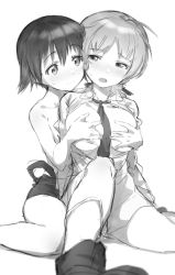 Rule 34 | 2girls, absurdres, between breasts, blush, braid, braided ponytail, grabbing another&#039;s breast, breasts, closed mouth, collarbone, fankupl, grabbing, grabbing from behind, greyscale, highres, large breasts, long hair, looking at another, lynette bishop, miyafuji yoshika, monochrome, multiple girls, necktie, necktie between breasts, open mouth, panties, panties around leg, ponytail, pussy juice, short hair, simple background, sketch, strike witches, sweat, underwear, world witches series, yuri
