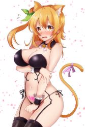 Rule 34 | 1girl, absurdres, animal ear fluff, animal ears, bare shoulders, black panties, black thighhighs, blush, breasts, cat ears, cat tail, cleavage, commentary request, detached collar, garter straps, green ribbon, hair between eyes, hair bun, hair ribbon, heart, heart tattoo, highres, hinatsuki mikan, kemonomimi mode, large breasts, looking at viewer, machikado mazoku, miso bon, navel, nose blush, open mouth, orange eyes, orange hair, panties, pink ribbon, polka dot, polka dot background, pubic tattoo, ribbon, short hair, side-tie panties, side ponytail, single hair bun, solo, stomach, tail, tail ornament, tail ribbon, tattoo, thighhighs, underwear, wavy mouth, white background