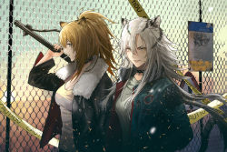 Rule 34 | 2girls, animal ears, arknights, black choker, black jacket, blue jacket, breasts, brown eyes, brown hair, caution tape, cha (fvaw7353), chain-link fence, choker, cleavage, embers, fence, fur-trimmed jacket, fur trim, grey shirt, hair between eyes, holding, holding weapon, indra (arknights), jacket, lion ears, long hair, long sleeves, looking at viewer, medium breasts, mouth hold, multiple girls, open clothes, open jacket, outdoors, parted lips, ponytail, profile, shirt, siege (arknights), silver hair, smile, tiger ears, upper body, weapon, white shirt